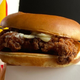 Close-up of Hardee's Hand-Breaded Chicken Sandwich, seen from the side